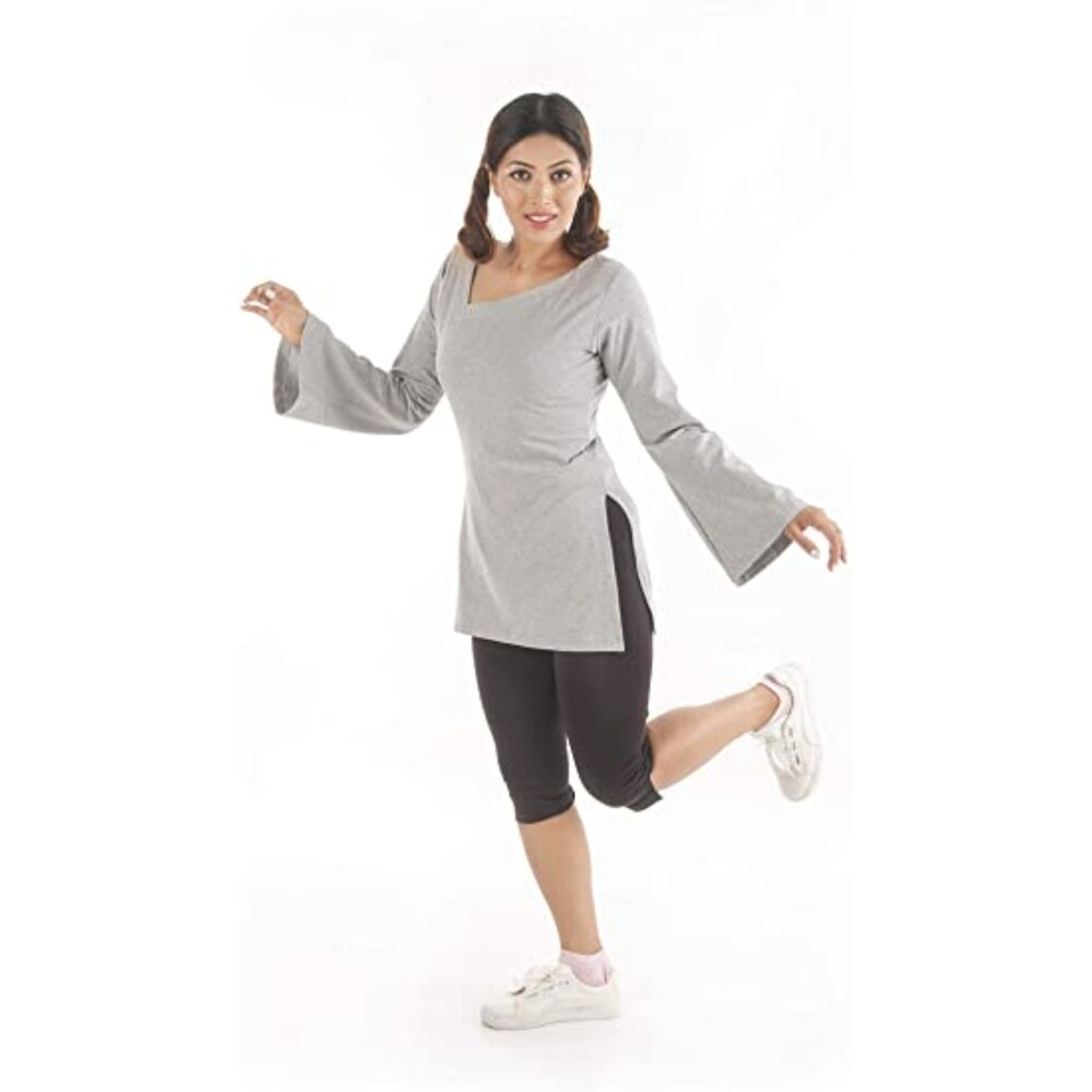 Ahikah Organic Cotton Full Bell Sleeves Yoga Flare Wide Neck Top-Sz S